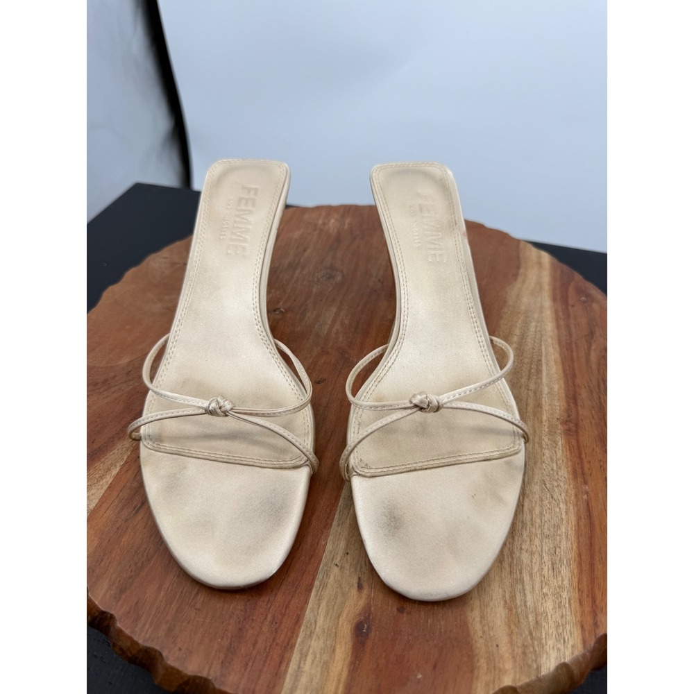 Femme LA Maeve slipper Kitten Heel Sandal 38 8 Champagne Satin Strappy Knot Mule - Picture 2 of 7